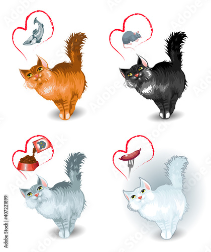 A set of different cats (black, red, gray and white) that prefer different food. Vector illustration isolated on white.