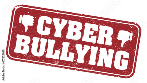 grungy red CYBER BULLYING rubber stamp with thumbs down symbol vector illustration