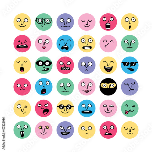 Hand drawn cartoon faces. Doodle smile icon collection. Vector emoji set