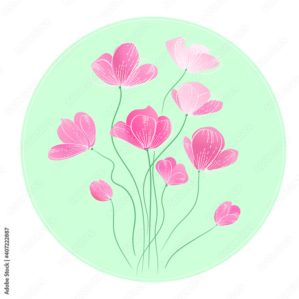 Pink flower on light green circle.