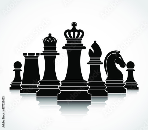 silhouette black chess pieces on white background and reflections
