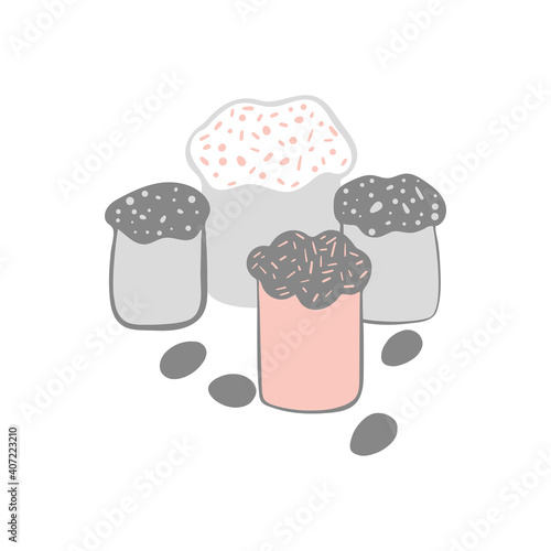 Happy easter. Easter, cake, sweet bread, muffins. Traditional Christian holiday. Colored eggs. Hand drawn, doodles, vecton illustration, food icon. Isolated on white background, design element