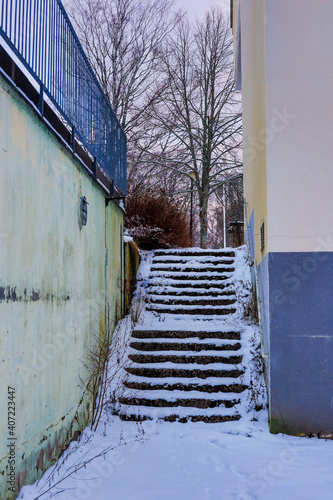 Solbacka, Sweden  Old stairs at the abandoned Solbacka boarding school now a ruin.  photo