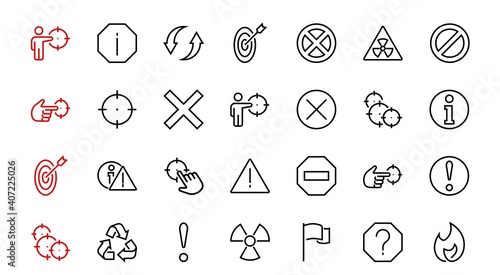 WARNINGS simple set of thin line vector icons. Contains icons such as warning, exclamation mark, reuse, warning sign and more. Editable stroke. Vector illustration
