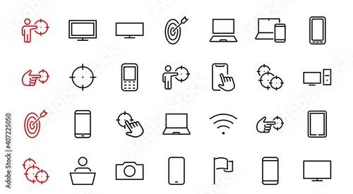 SMART devices and gadgets linear icons set, vector, contains icons computer, camera, laptop, phone, web devices, electronic appliances, and much more. Editable stroke