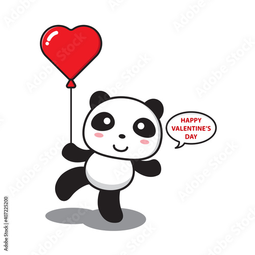 panda character holding love balloon and saying happy valentine day
