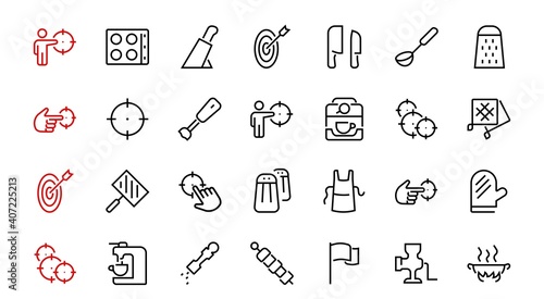 KITCHEN ICON Cooking process, Kitchen tools, Icon set, thin line vector has a blender, oven, knife, grater, barbecue, apron, barbecue, grill, coffee machine, kitchen glove, Editable stroke