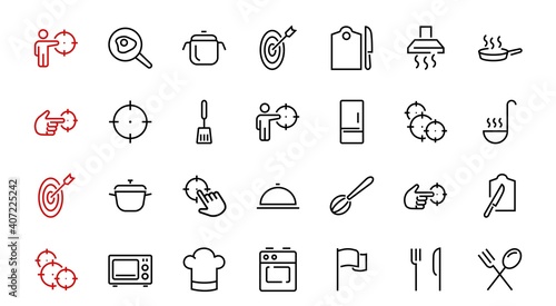 Fototapeta Naklejka Na Ścianę i Meble -  Set of cooking and kitchen icons, Vector lines, contains icons such as frying pan, frying, microwave, fork with spoon, Editable stroke, perfect 480x480 pixels, white background.