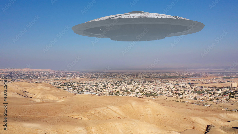 Alien Spaceship ufo Flying over city in the desert - aerial view , drone  view over Jericho city in Palestine with visual effect element, invasion  sci fi concept Stock Photo | Adobe Stock