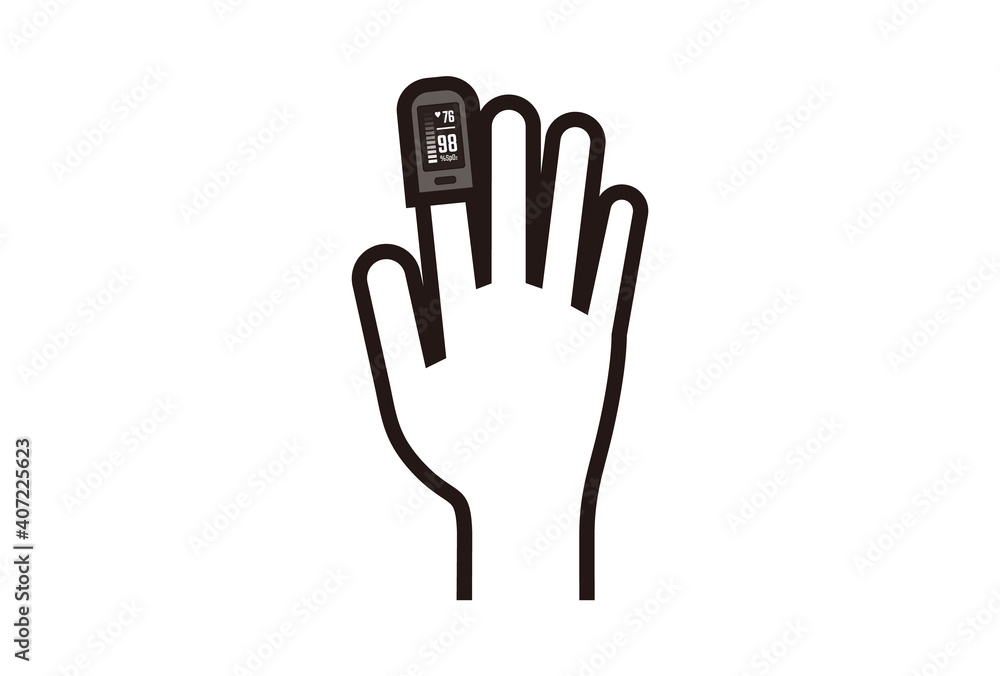 Fototapeta premium 血中酸素測定器・パルスオキシメーターを装着した人の手のイラスト