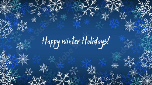 Vector winter background with multicolored snowflakes on a blue background. Festive New Year background for invitations, websites, print, decor, etc.