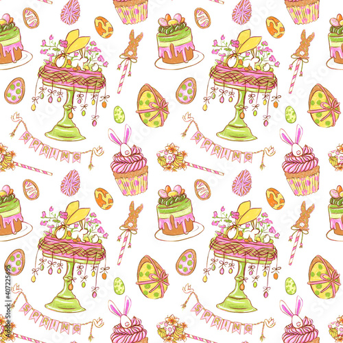 Hand-drawn seamless pattern on Easter holiday theme on a white background. Colorful design with eggs  cute bunnies  pink flowers  green leaves  cakes and cookies