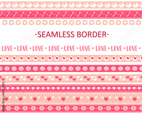 Seamless borders with hearts, flowers, keys. Decor for scrapbooking, postcards, backgrounds for Valentine's Day, wedding, birthday. Vector illustration.