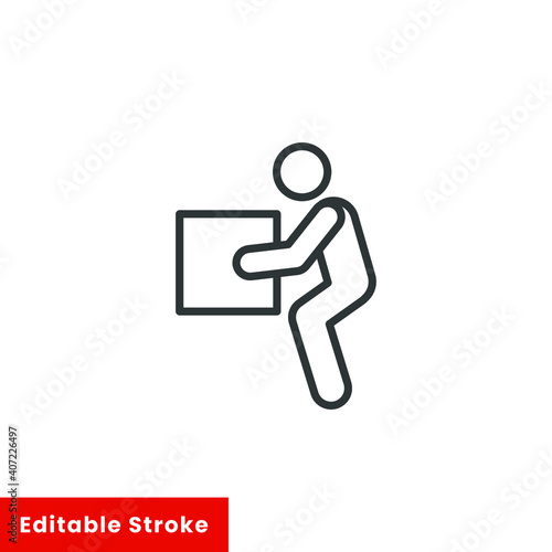 Lifting weights, box, man icon. Simple line style for web template and app. Lift, back, pain, boy, carry, vector illustration design on white background. Editable stroke EPS 10