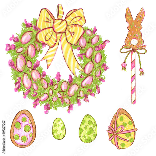 Wallpaper Mural Hand-drawn set of elements on Easter holiday theme on a white background. Colorful design with eggs, cute bunnies, pink flowers, green leaves, cakes and cookies Torontodigital.ca