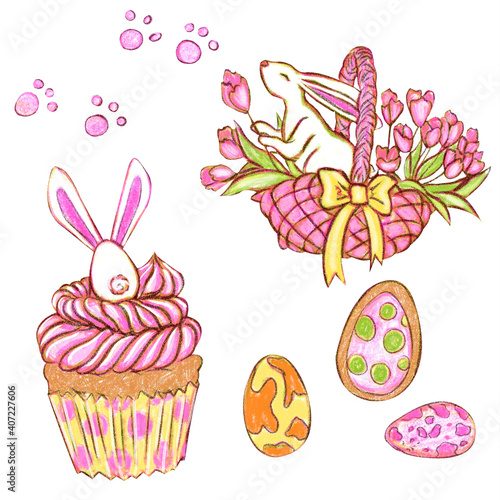 Hand-drawn set of elements on Easter holiday theme on a white background. Colorful design with eggs, cute bunnies, pink flowers, green leaves, cakes and cookies