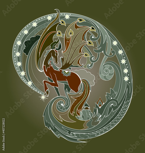 Illustration of fantasy ancient Greek horse Pegasus with wings from fairyland legend. Print for fabric or children fairy tale book. Abstract background from fantastic mythology.