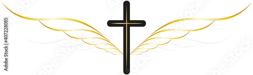 Banner für eine Traueranzeige, Tod und Trauer, Karte zum Beileid und zur Anteilnahme, Kreuz und Engelsflügel, abstrakt, vektor, isoliert