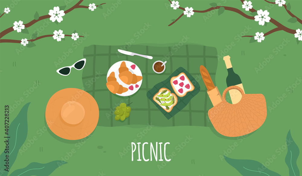 Fototapeta premium Picnic. Summer Spring Picnic green background. Vector