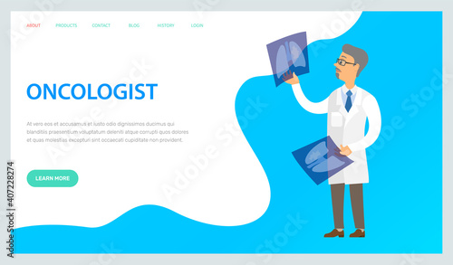 Professional oncologist web banner or landing page. Cancer disease diagnostic and treatment. Doctor examining a lung radiography holding X-ray picture. Man in white coat is looking at a photo