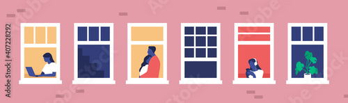 People on the window of the house. People silhouettes working from home with laptop. Vector