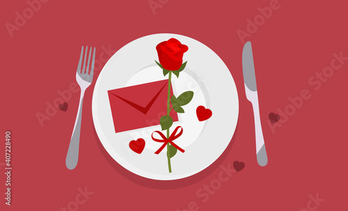 Valentines Day Dinner. Red background. Vector set