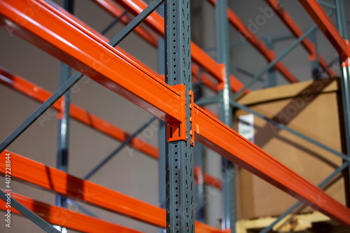 Metal joints of warehouse shelves.