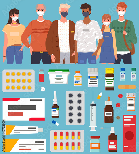 Group of people is using a mask. Cartoon characters are near a set of medicines and pills for coronavirus. Various tubes and tablets for treatment, coronavirus, quarantine, self-isolation, pandemic