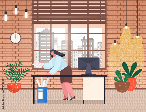 Chaos in office with large windows. Unorganized office worker in panic. Woman stressing from paper work, solving problems. Worker failure deadline, confused, stressing, busy. Employee hurry and panic