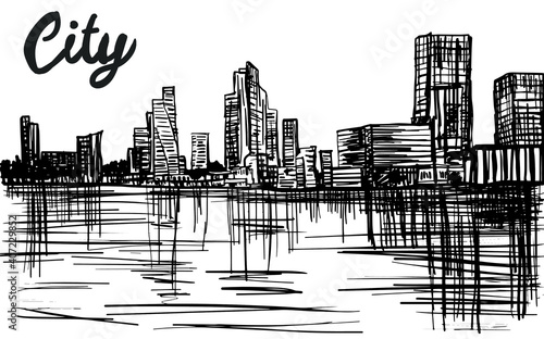 Graphic metropolis by the water, the embankment of the city.Vector