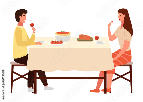 Couple is traditional eating italian food. Young characters on a date isolated on white background. Restaurant in italian style. Table with pasta and meat steak. People are having a date in the cafe