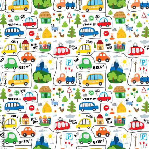 Cute Cars Seamless Pattern, Cartoon transportation Doodles Background, vector Illustration © saint_antonio