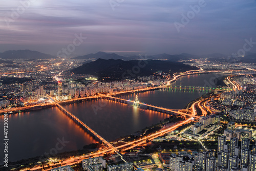 Evening aerial view of the Han River, Seoul, South Korea