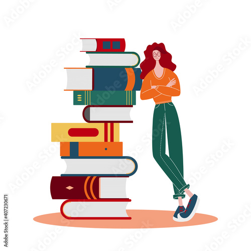 Caasual weared young woman with eyeglasses leans on stuck of different colored books. Character vector illustration. Sutable for reading marathons, book stores, libraries.