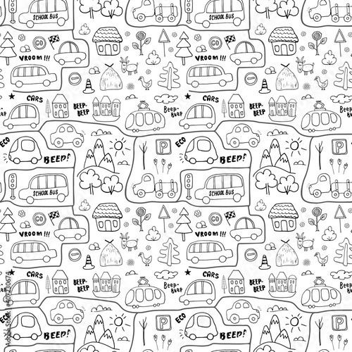Fototapeta Naklejka Na Ścianę i Meble -  Cute Cars Seamless Pattern, Cartoon transportation Doodles Background, vector Illustration