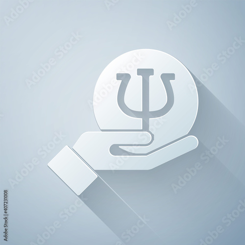 Paper cut Psychology icon isolated on grey background. Psi symbol. Mental health concept, psychoanalysis analysis and psychotherapy. Paper art style. Vector.