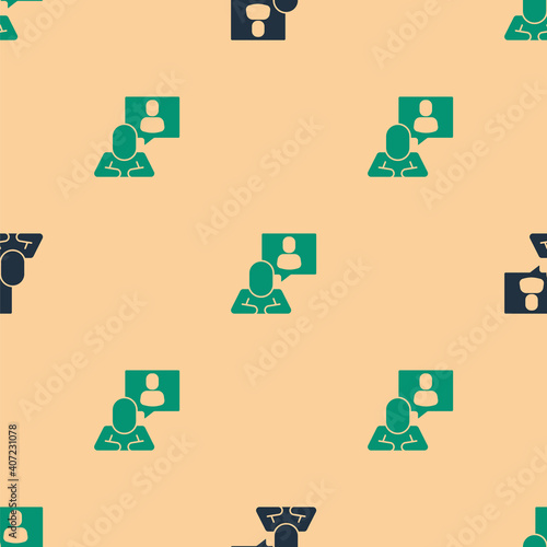 Green and black Head hunting icon isolated seamless pattern on beige background. Business target or Employment sign. Human resource and recruitment for business. Vector.