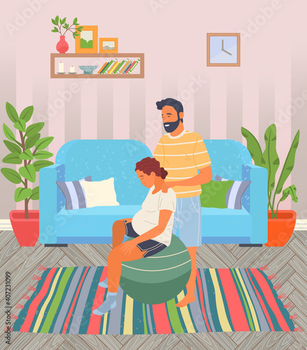 Birth position pose for pregnant woman, female sitting at fitball, husband help wife to relax making massage of shoulders, comfortable posture for birthing, man support mother during birth pains