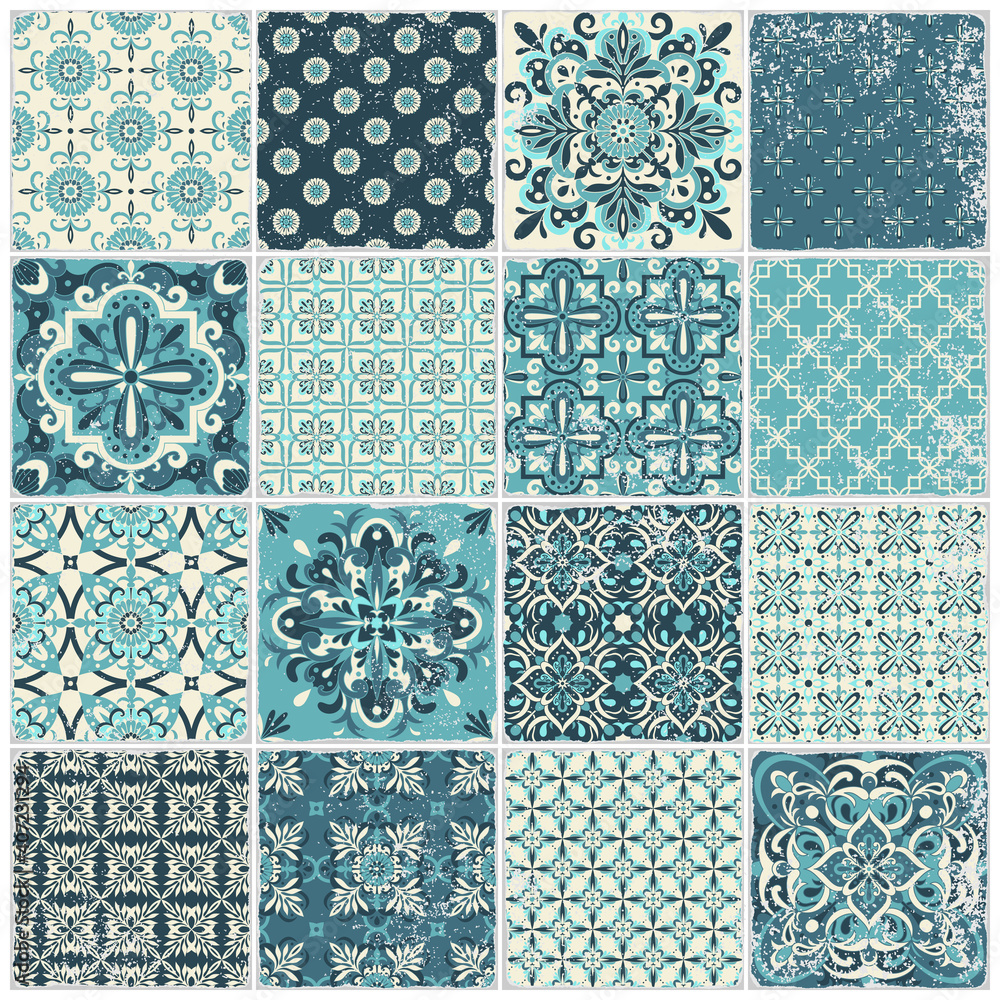 Fototapeta Traditional ornate portuguese tiles azulejos. Vintage pattern for textile design. Geometric mosaic, majolica.