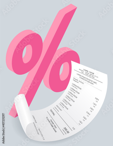 Payment check isometric. Buying financial invoice bill purchasing calculate pay with percent sign. Receipt the seller forms at the online checkout for transfer to the buyer or client, paper piece