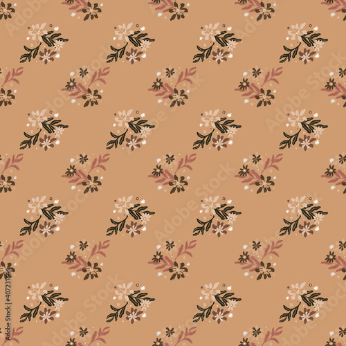Seamless flora pattern with little branches and flowers ornament. Pale beige background. © Lidok_L