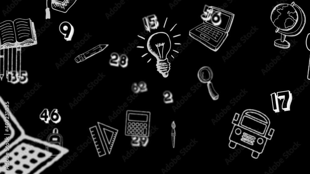 Digital animation of school concept icons against multiple numbers on black background Digital animation of school concept icons against multiple numbers on black background