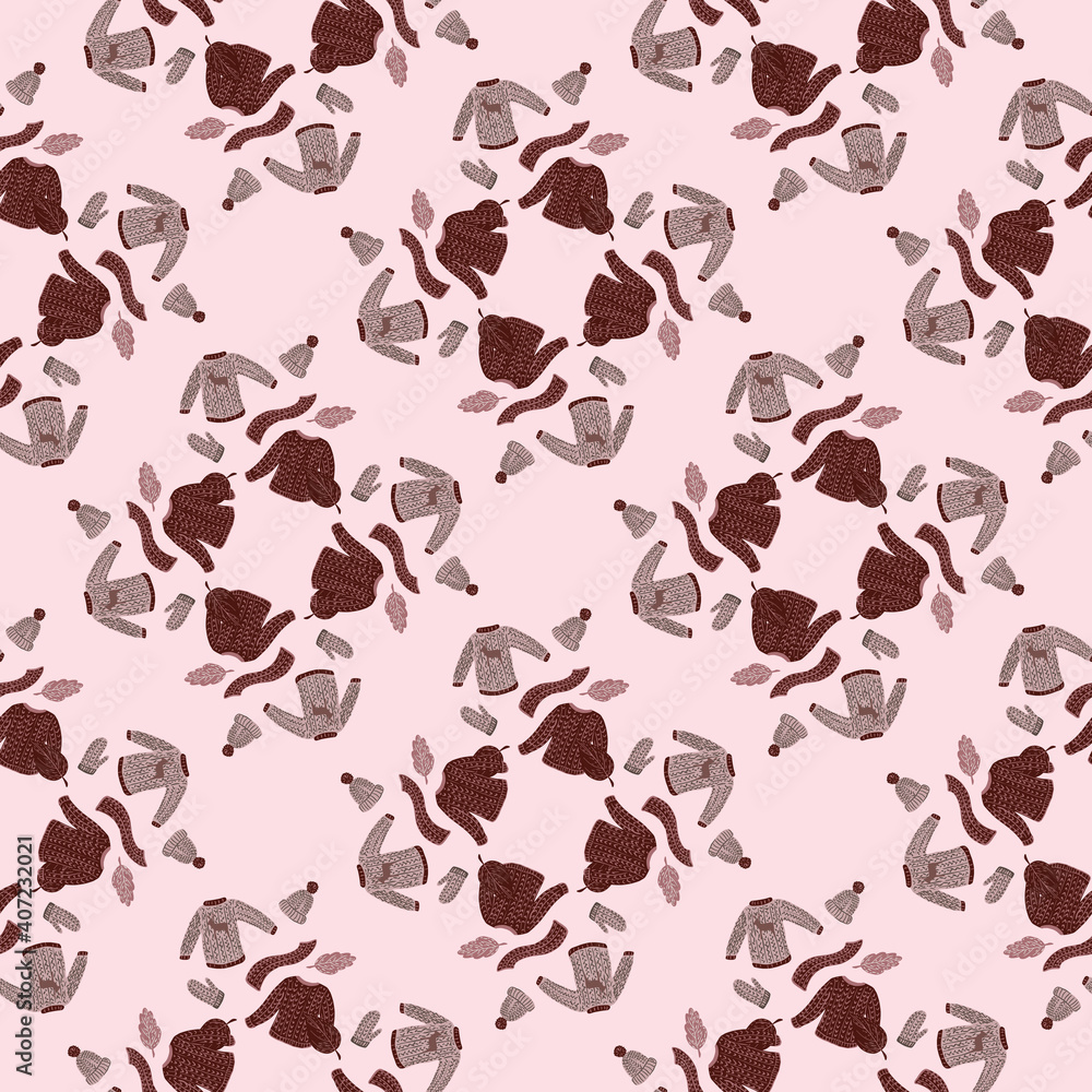 Obraz premium Little season seamless pattern with hand drawn sweater print, scarfs, hats, mittens. Pastel palette style artwork.