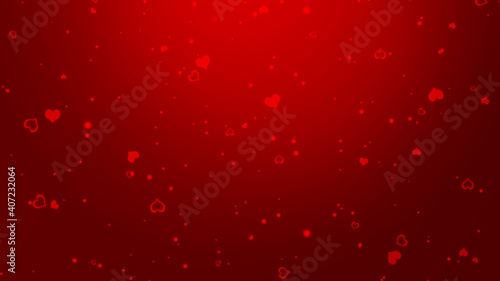 Abstract gradient red background with glowing hearts and spots. Vivid Valentines day background