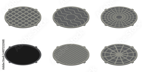 Set of isometric sewer hatches with different design isolated on white background