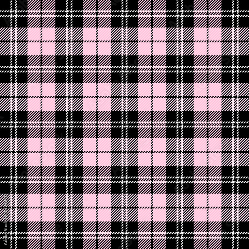 Valentines day tartan plaid. Scottish pattern in black and  pink cage. Scottish cage. Traditional Scottish checkered background. Seamless fabric texture. Vector illustration
