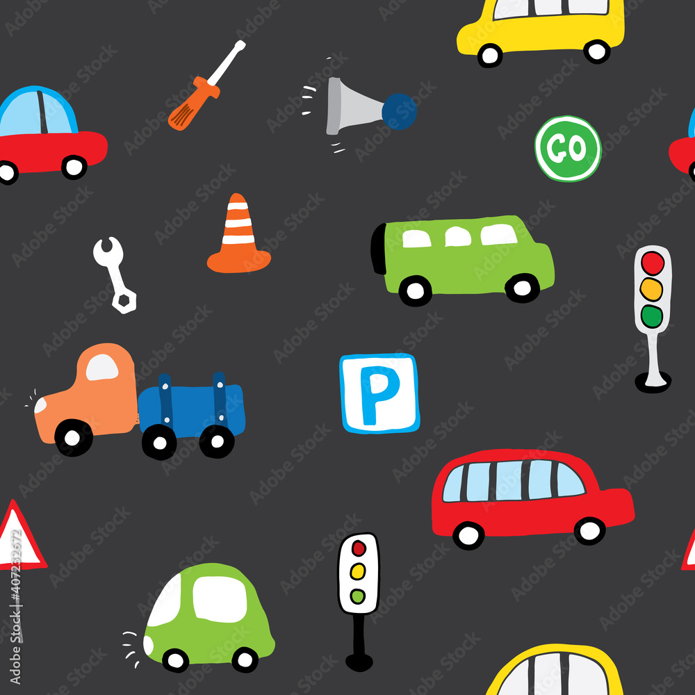 Naklejka premium Cute Cars Seamless Pattern, Cartoon transportation Doodles Background, vector Illustration