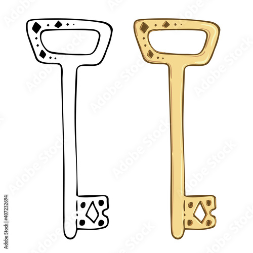 Doodle illustration of a golden key. Vector isolated on white background.