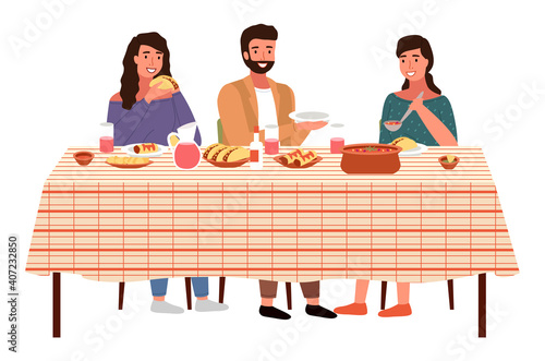 Characters eating mexican cuisine dishes. People dinner at home isolated on white. Dining table with tacos and burritos. Family with mexican food on the table. Relatives communicate together