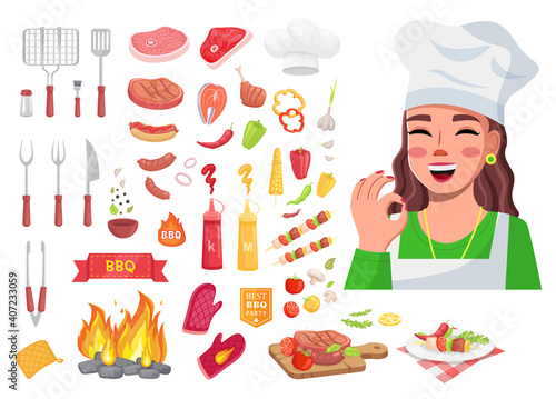 Food collection, cook woman show okay gesture, good delicious yummy meal, tools for kitchen, sorts of meat, vegetables pieces, sauces, cooking grill bbq with campfire, prepared dish, cartoon icons